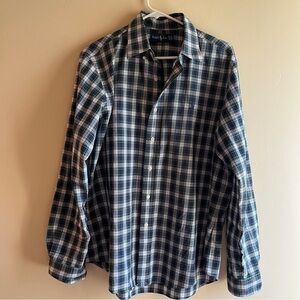 Ralph Lauren classic fit cotton tartan green blue plaid dress shirt holiday